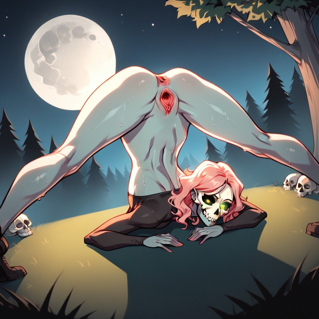 night, moon, forest, cross, wet pink pussy, tight anus, skull body, , bony ...