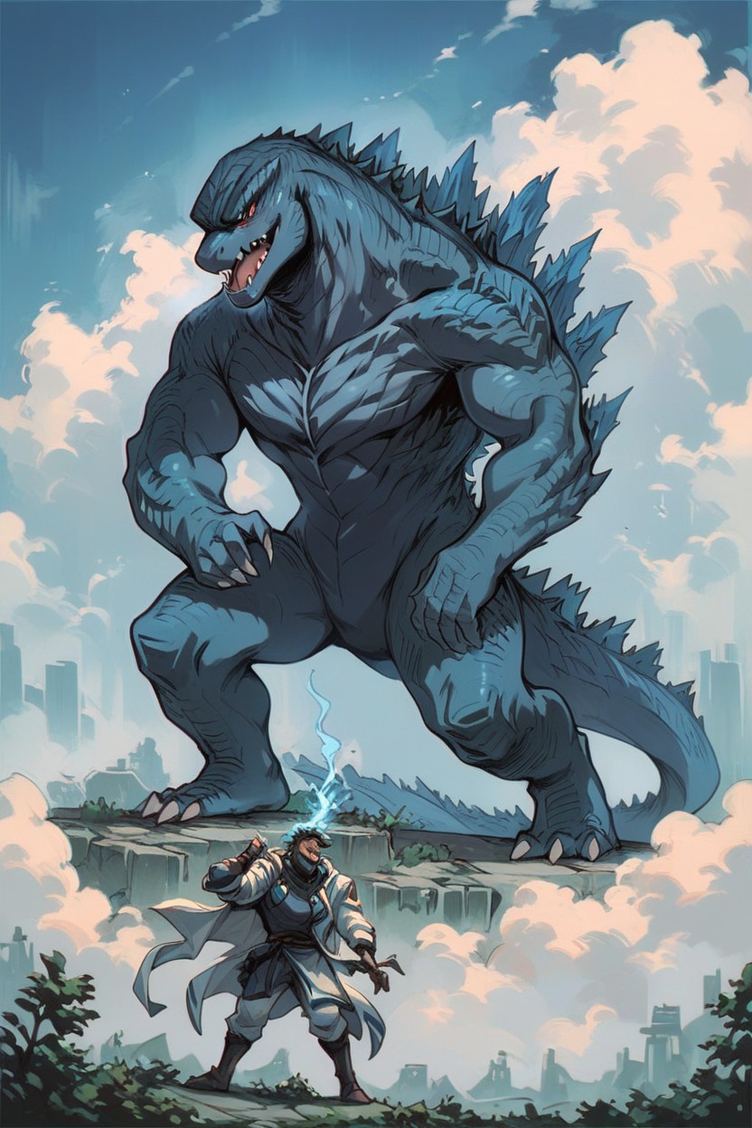 Godzilla Fucking Mothra, Taller Than Skyscrapers, Godzilla Shooting Blue Radiation Beams Up At The Sky Furry AI Porn
