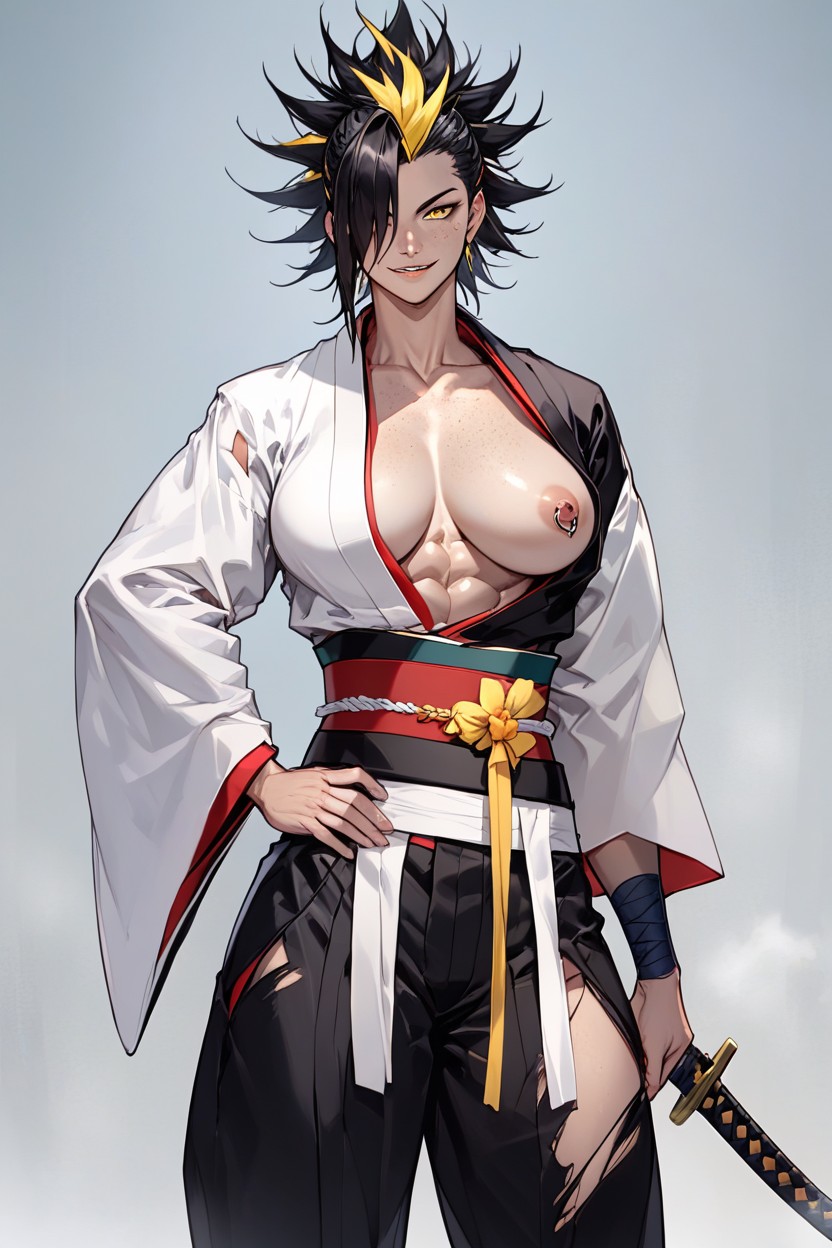Kimono, Yellow Igote, Hair Over One Eye AI Porn