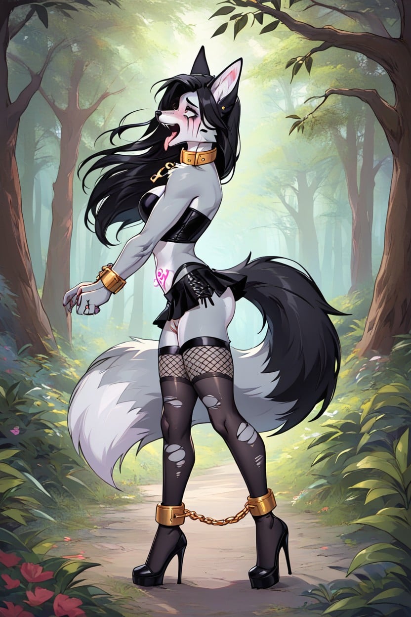 Torn Clothes, Fishnets, Side View Furry AI Porn