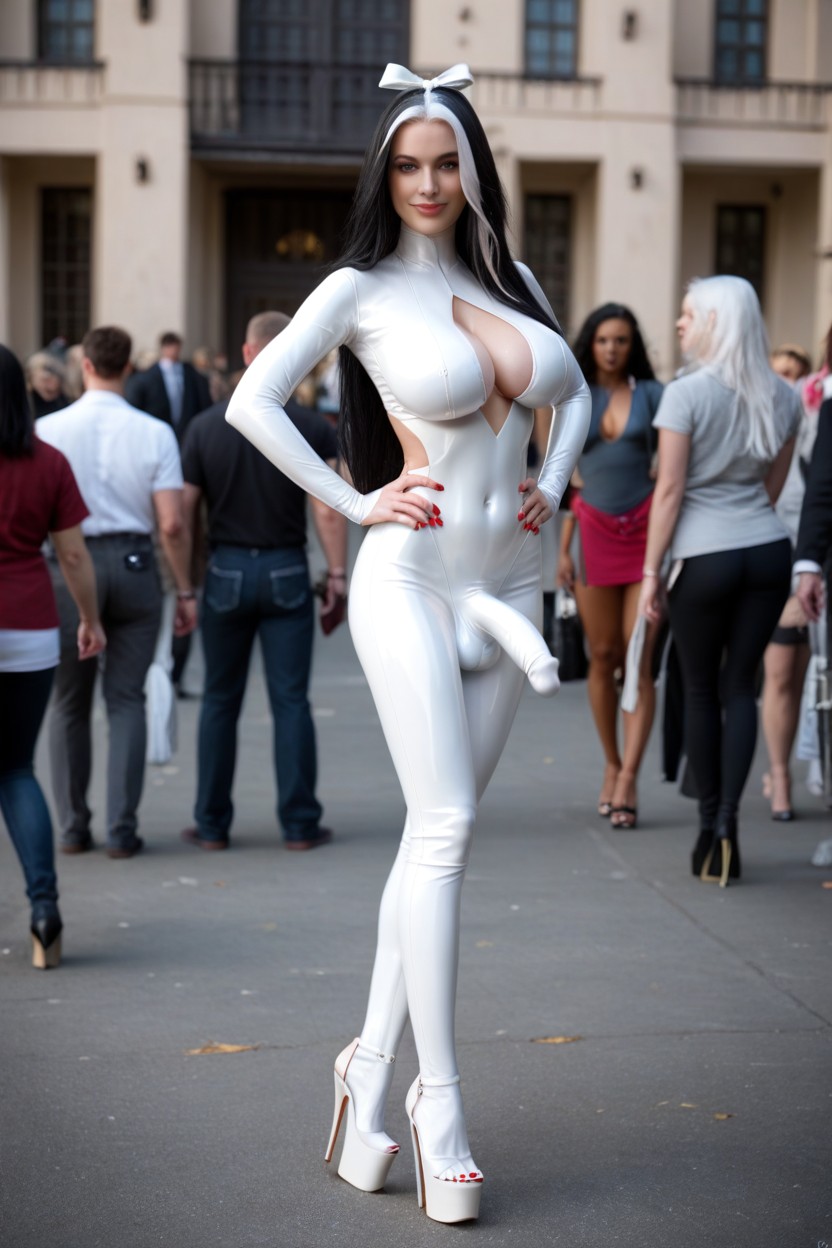 Mixed Color Two-toned Black Hair And White Hair, Rear View, Extremely Long Hair Shemale AI Porn