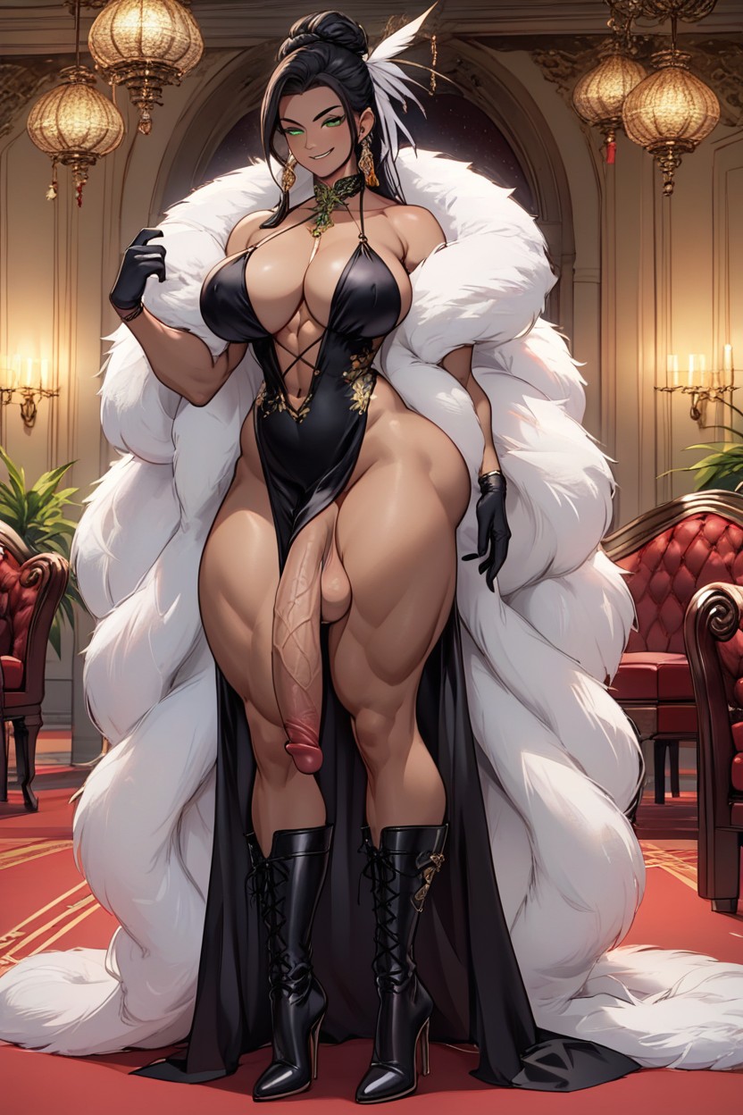 Ornate Gown, African Futanari, Feather Boa Shemale AI Porn