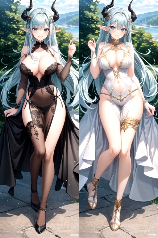 Pointed Ears Elf-like, Beautiful White Skin Elf-like, Colors Deep Green AI Porn