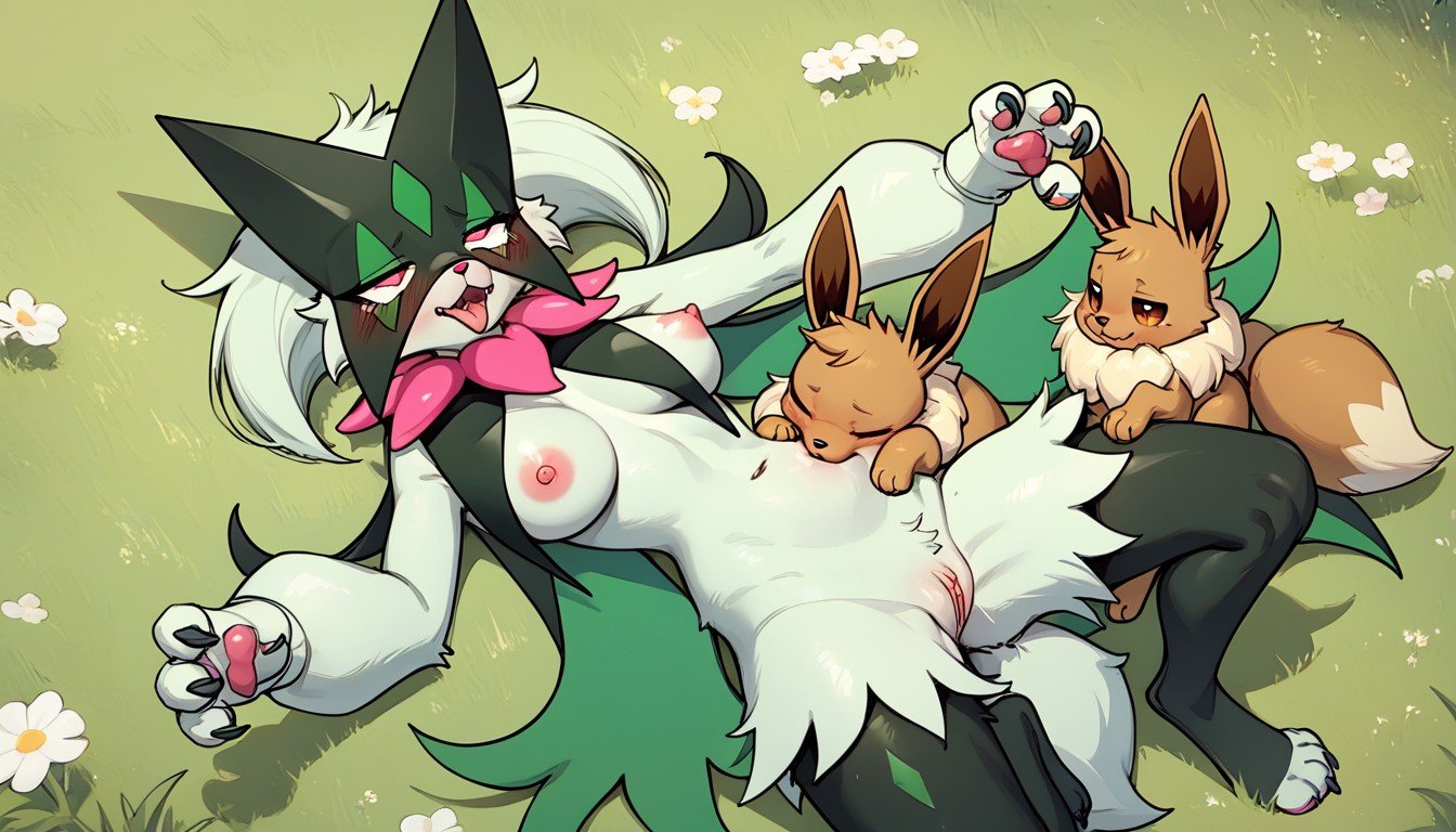Meowscarada Female No Expression Eevee Sucking The Tits Puffy Tits Laying Down Full Body Open Arms In Mouth, Tired Face , Nsfw Shemale AI Porn