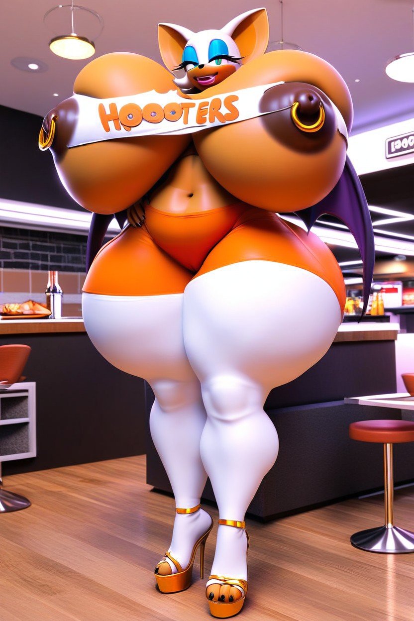Breast Expansion, Rouge The Bat From Sonic Wearing A Too "hooters" T-shirt Gigantic Hyper Breasts Fleshy Breasts Dark Brown Nipples Gold Nipple Rings Ripped Clothes White High Heels Smiling, In Hooters Standing Rouge The Bat Exposed Midriff Dick Bulge Rouge The Bat From Sonic The Hedgehog Chubby Азиатское AI порно