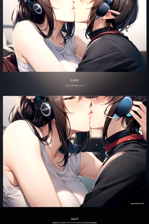 Headphones, Ponytail, Kissing (1 Boy 1 Girl) AI Porn