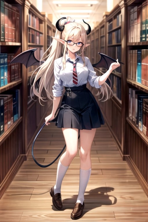 Ponytail, Horns Succubus-like, Glasses AI Porn