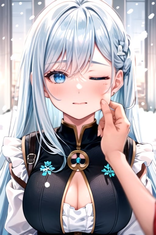 Pinching Cheeks, Light Blue Hair, Snowing AI Porn