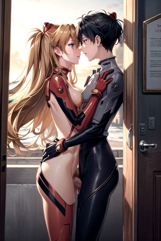 A Nude Man And Woman Kissing Passionately The Man On The Right Side Of The Frame Appearing To Be Shinji Ikari The Woman On The Left Side Of The Frame Appearing To Be Asuka Langley Soryu Both Figures Aroused And Exposedbreakno Clothing The Man Has An Erect Penisbreakthe Figures Are Embracing And Kissing The Camera Capturing Them In A Close Intimate Anglebreakthe Background Is Blurred And Indistinct The Focus On The Two Intertwined Naked Bodies, Desnuda, Vello PúbicoPorno AI