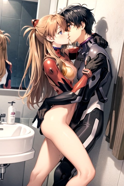 バスルーム, A Nude Man And Woman Kissing Passionately The Man On The Right Side Of The Frame Appearing To Be Shinji Ikari The Woman On The Left Side Of The Frame Appearing To Be Asuka Langley Soryu Both Figures Aroused And Exposedbreakno Clothing The Man Has An Erect Penisbreakthe Figures Are Embracing And Kissing The Camera Capturing Them In A Close Intimate Anglebreakthe Background Is Blurred And Indistinct The Focus On The Two Intertwined Naked Bodies, 裸AIポルノ