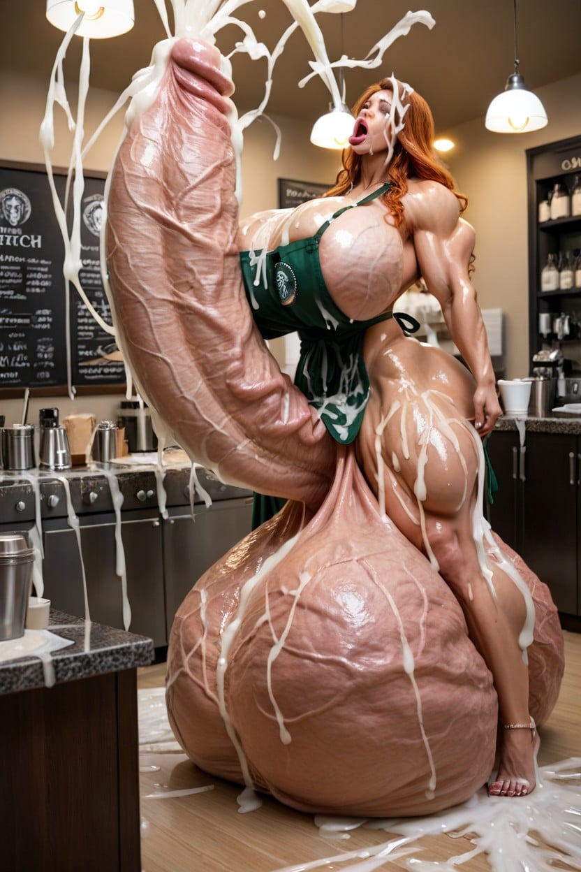 Hard Erect Cock, Apron, Cum On Tits Shemale AI Porn