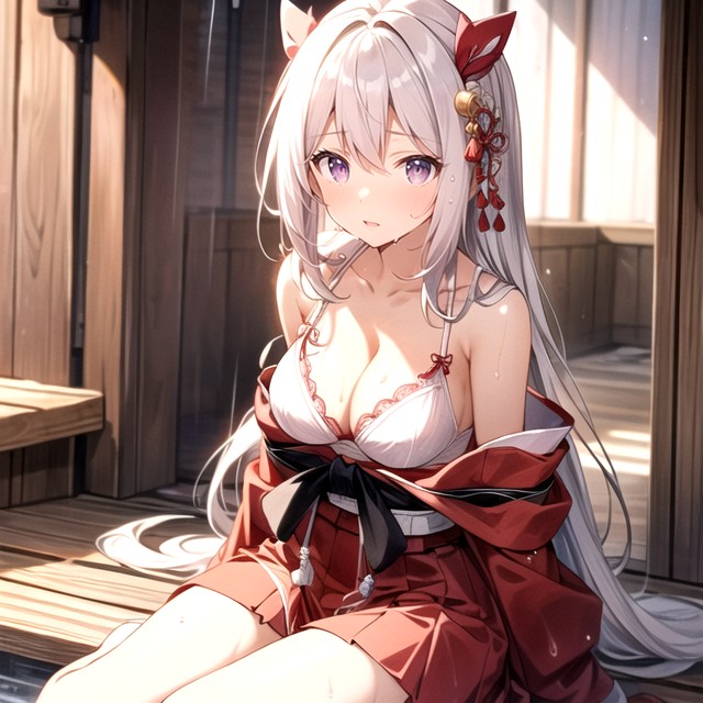 White Hair, Wet Clothes, Sitting Down AI Porn