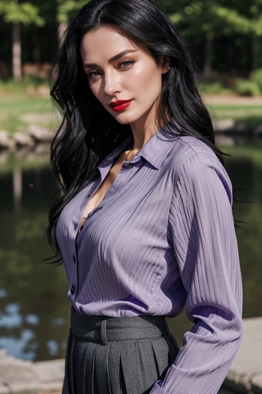 + Woman With Long, Deep Red Lipstick, Wavy Black Hair With Blue Reflections AI Porn