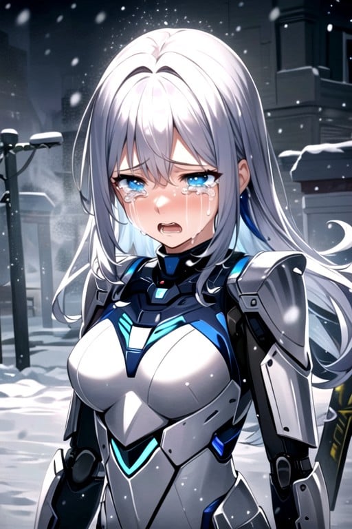 Snowing, Robot Armor, Blue Hour AI Porn