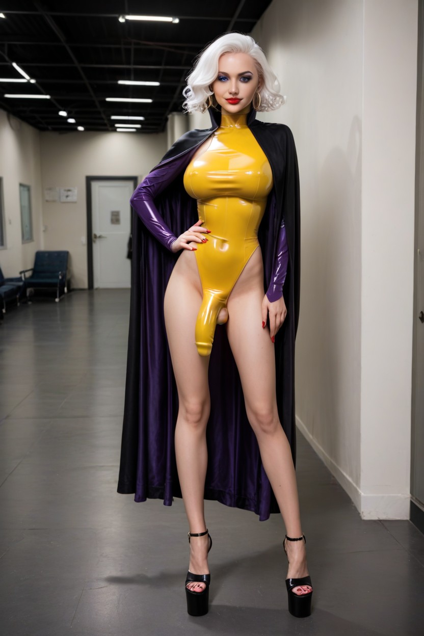 Purple Shiny Latex Catsuit, Wavy Hair, Mixed Color -toned Black Hair And White Hair Shemale AI Porn