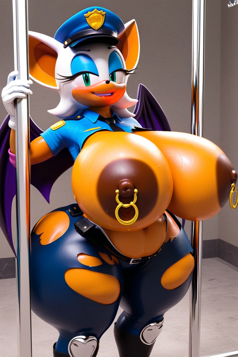 Extremely Large Ass, Police Costume, Rouge The Bat From Sonic Police Officer Gigantic Hyper Breasts Fleshy Breasts Dark Brown Nipples Gold Nipple Rings Ripped Clothes Smiling Furry AI Porn