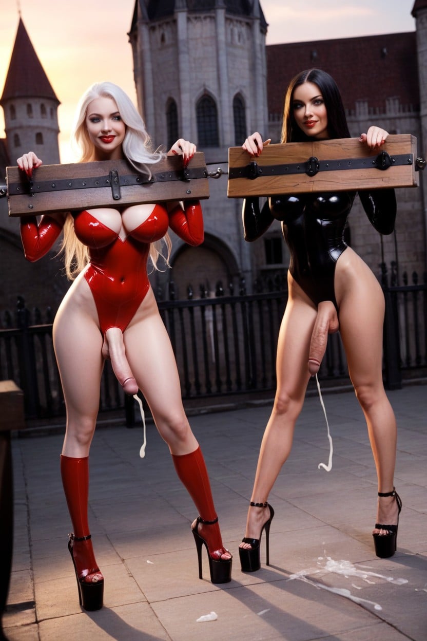 Platform High Heels, Two-toned Black Hair And Pure White Hair, Skinny Legs Shemale AI Porn