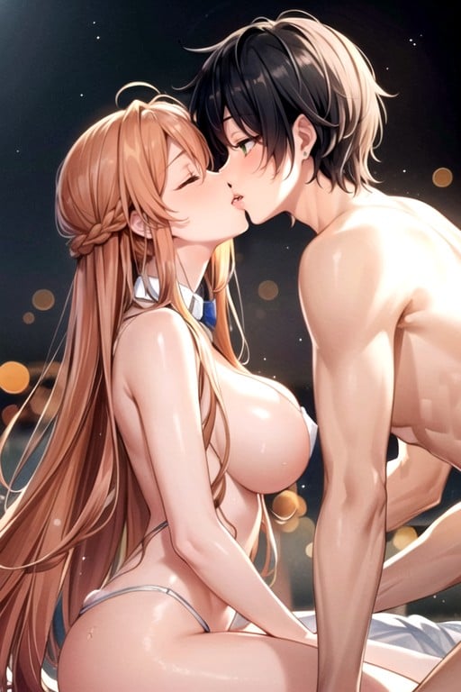 キスする (1男1女), Long Hair Curly Hair Orange Hair Green Eyes Black Playboy Bunny Huge Boobs Seductive Hearts Front Facing Happy Boy Girl Straddling French Kiss Tongue Kiss Girl On Top White Man Naked, 裸AIポルノ