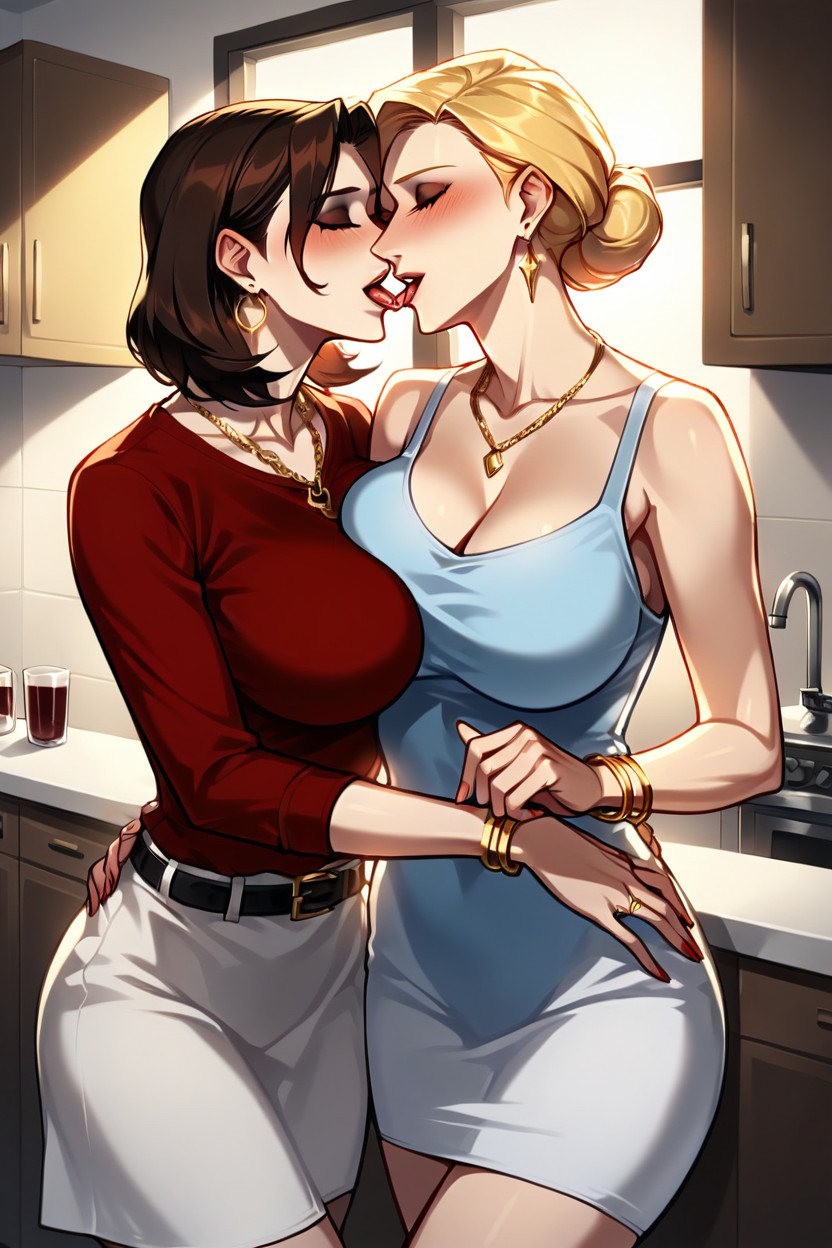 Lesbian Kissing, Necklace, Light Makeup Hentai AI Porn
