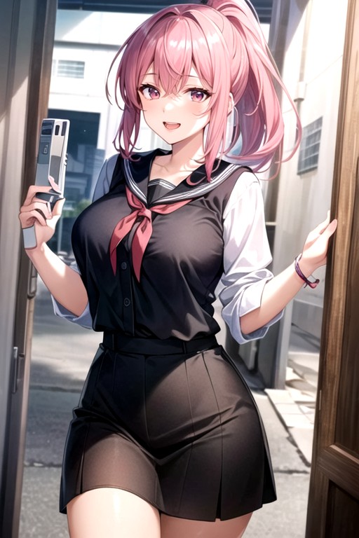 Pink Hair, Medium Length, Ponytail AI Porn