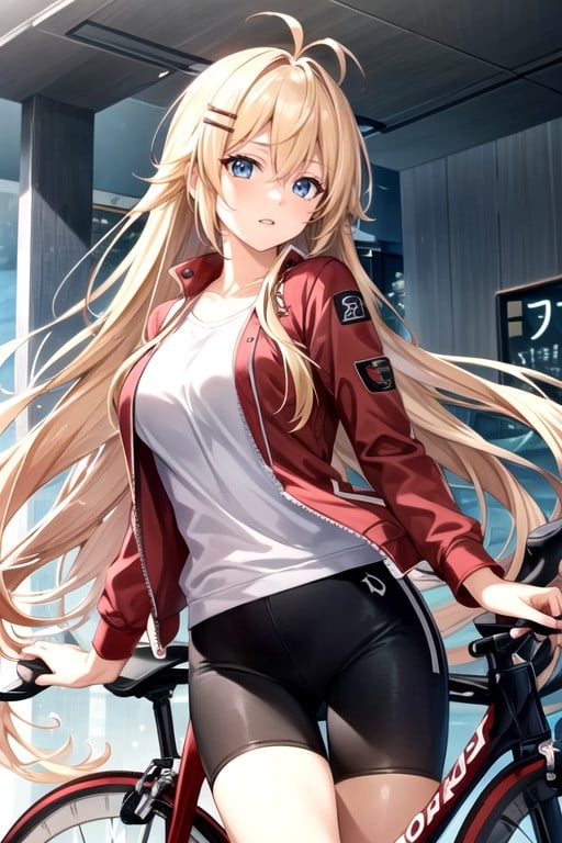 Purple Bike Shorts, Blue Eyes, Red JacketPorno AI