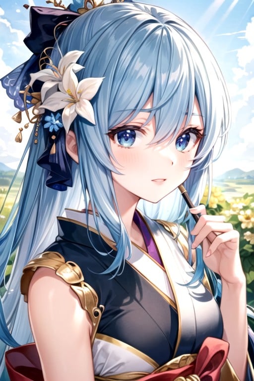 Ultra Detailed Background Delicate Pattern Intricate Detail Highly Detailed Fine Details Best Quality Medium Breasts Girl Kozukihiyori Girl Solo Hair Ornament Closed Mouth Hair Flower Japanese Clothes Makeup Kimono Lipstick Aqua Hair Blue Eyes Long Hair Hair Stick Smile Kanzashi Complex Detailed Background Blue Sky Nature Environment Close Up Portrait Clear Face Loradetailtweaker Lorakozukihiyoritest AI Porn