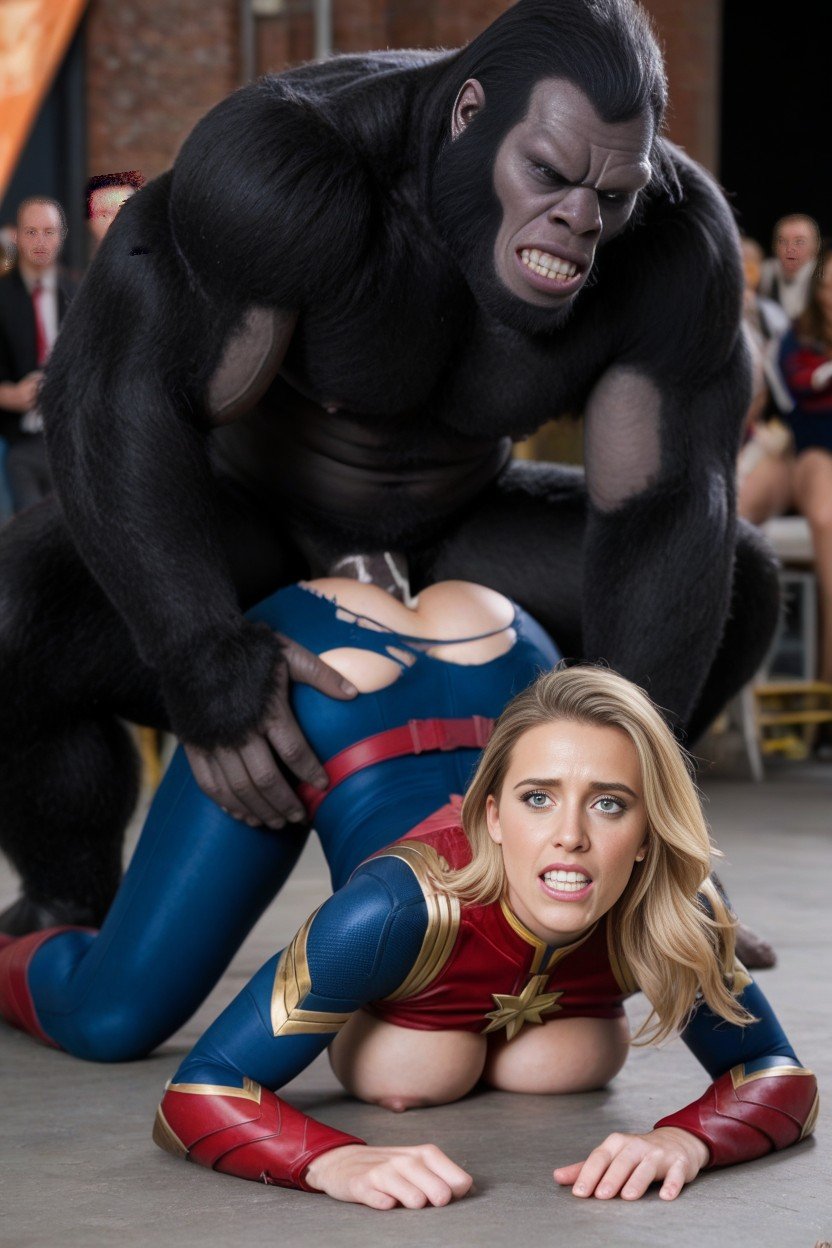 Gorilla Pushes Captain Marvel's Head Into The Ground, Head Down Ass Up, Torn ClothesAI黄片