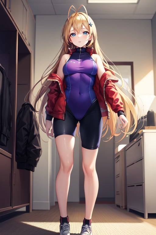 正面视图, Bangs, Purple Leotard With Bike ShortsAI黄片