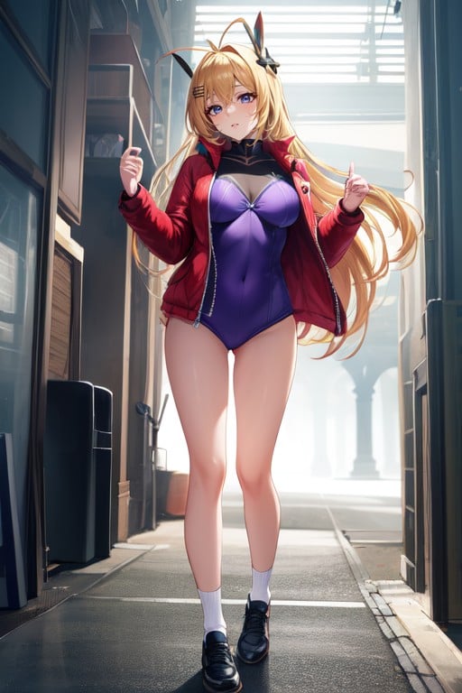 Open Jacket, Purple Leotard With Purple Bike Shorts, Blonde HairAIポルノ