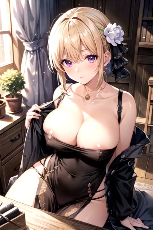 Tsukuyo Gintama Boy Girl Bangs Pinned Back Blonde Hair Breasts Collarbone Hair Ornament Hetero Large Breasts Nipples Purple Eyes Solo Focus Pornografia de IA