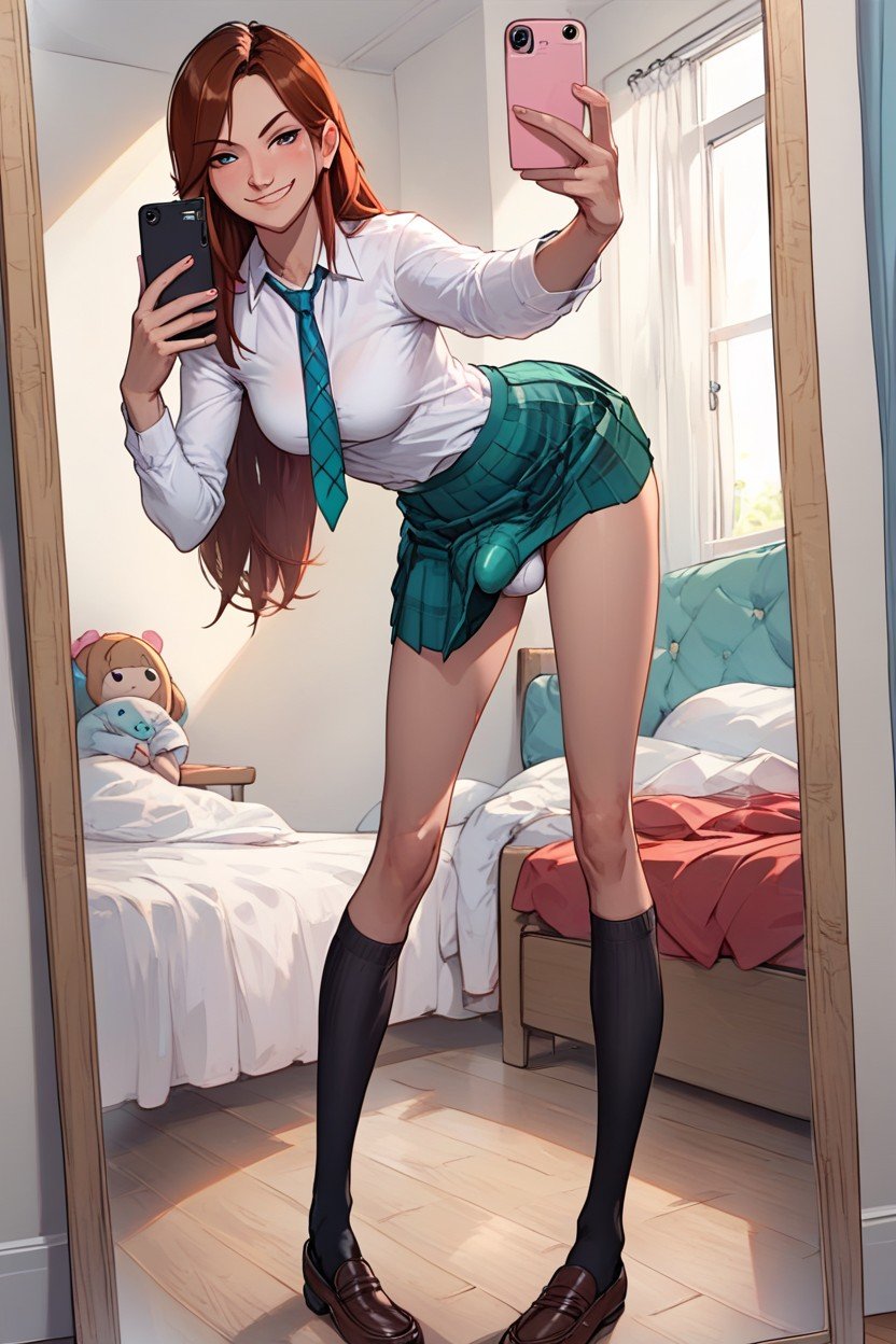 寝室, Black Thigh High Socks, Penis Inside Panties ニューハーフAIポルノ