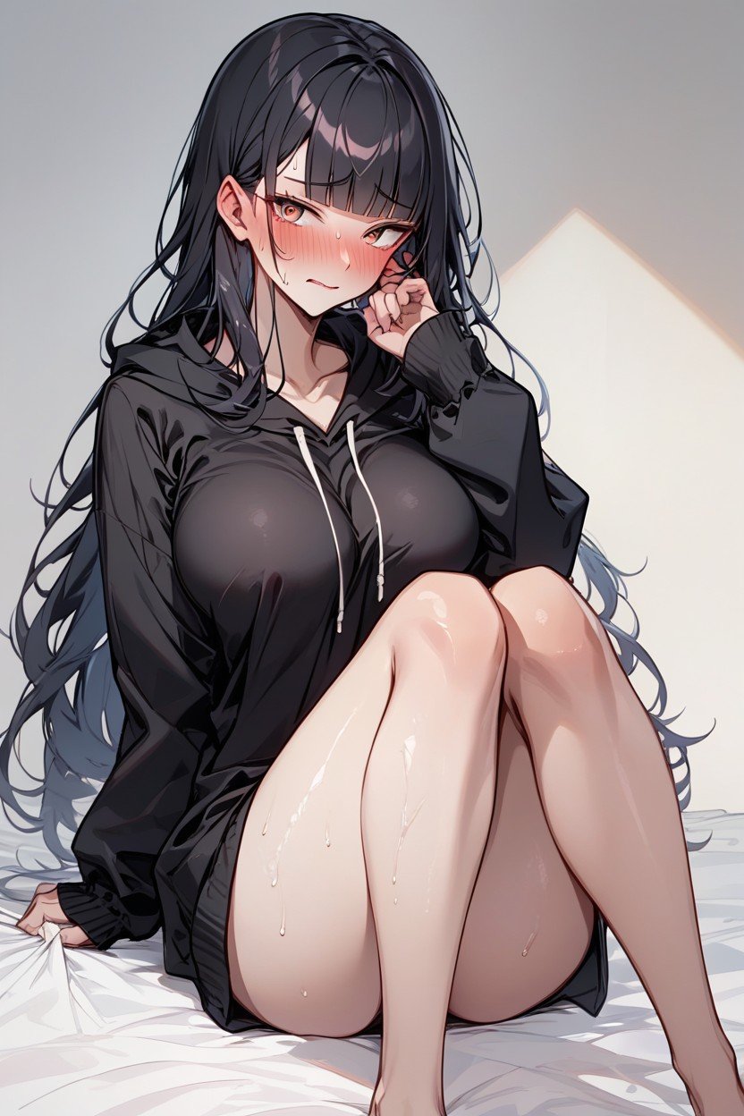 Dieciocho, Anime Styleanime Girlloligirl Black Hairlong Hair Blunt Bangs Face Blush Big Eyes Jitome Big Head Thin Body Bonyblush Black Hoodie Baggy Sleeves Sitting Sitting On Kneessit On Sheet Dirty Roomsweaty, Pechos PequeñosPorno AI Hentai