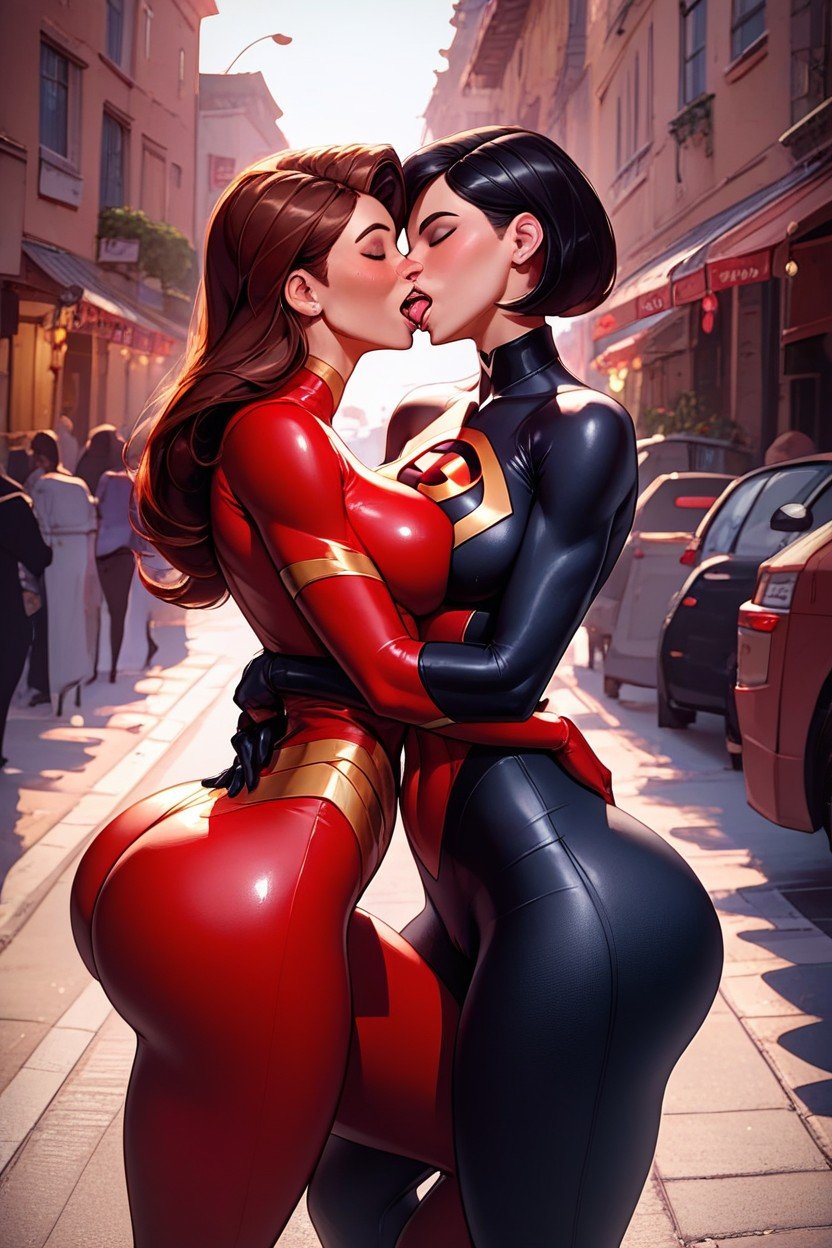 Many People Around, Lesbian Kissing, Helen Parr With Auburn Hair Violet Parr With Black Hair Wasp Waist Wide Hips Huge Ass Perky Breasts Voluptuous Superhero Clothes Looking At Viewer City Street AI Gay Porn