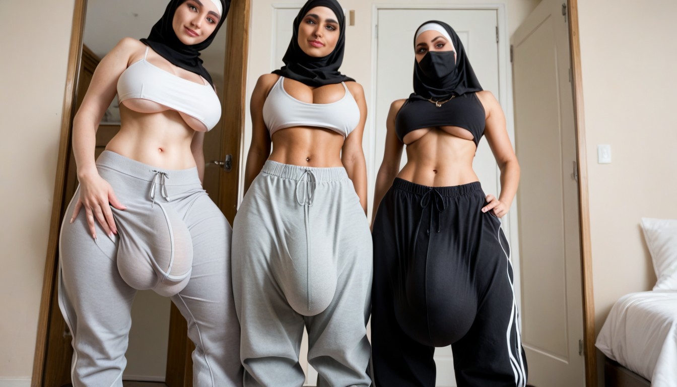 Grinning, Baggy Grey Sweatpants, Skinny Waist Shemale AI Porn