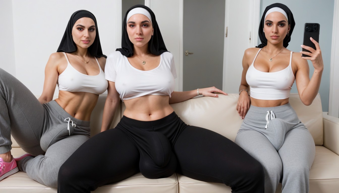Light Grey Sweatpants, Under Boobs, Deep Cleavage Shemale AI Porn