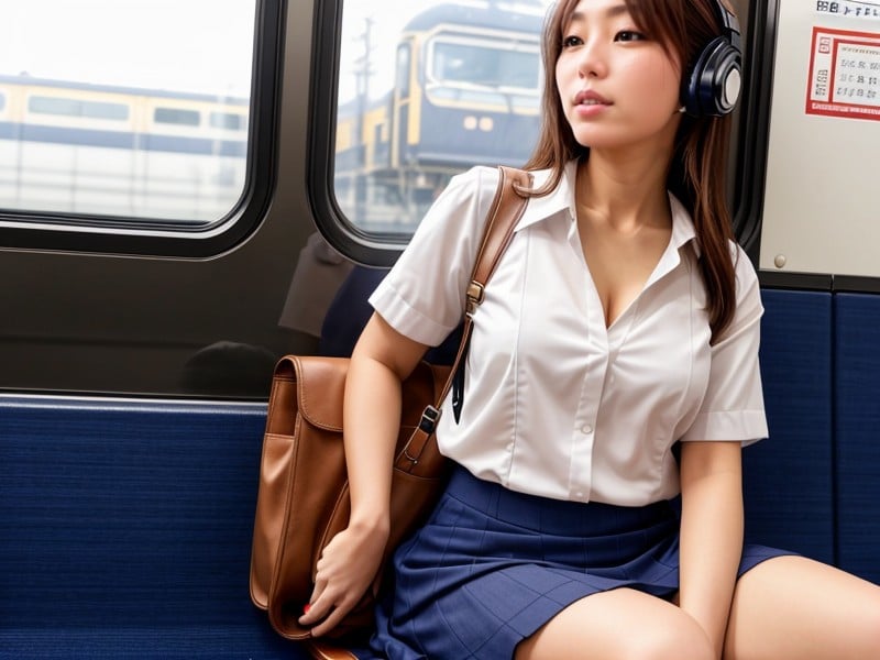 Sexy Japanese School Student School Uniform Open Blouse Cleavage Japanese And British Mixed Race Large Pink Designer Headphones Years Old Blonde Hair On A Tokyo Subway Sitting In A Seat School Uniform Short Dress Cleavage Sexy Adorable Train Windows Morning SunlightAI黃片