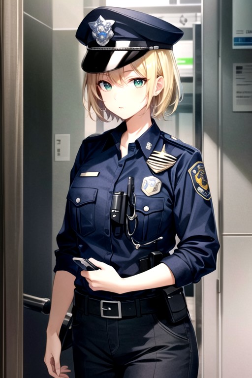 Police Costume, Very Short Hair, Blonde Hair AI Porn