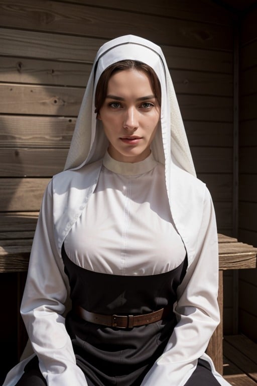 Nun, Sitting Down, Wood Cabin AI Porn