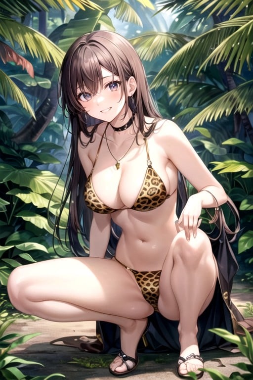 しゃがむ, Leopard Print Bikini, 乱れた髪 AIポルノ