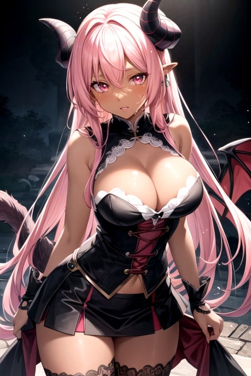 Dark Skin, Curled Black Horns, Pink Hair Hentai AI Porn