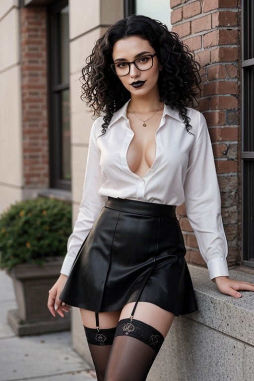 Bouclé, Lunettes, Cheveux NoirsPorno IA