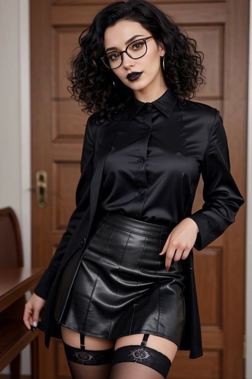 She Is She Having Black Lipstick She Has Got Curly Hair She Is Wearing Black Shirt Wearing Short Black Skirt Tight Stockings Her Race Is Russian Full Body View Black Shirt Having Fit Body Short Black Coat Skirt Fluffy Hair, 곱슬, 스타킹AI 포르노