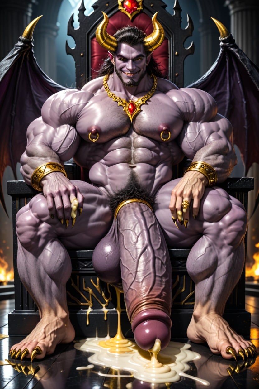 Gold Cum Flooding Floor, Sitting On A Demonic Throne, Cock Ring AI Gay Porn