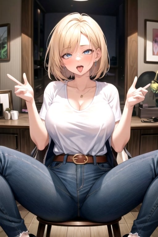 Pechos Naturales, Android 18 (dragon Ball Z), Sentada Con Las Piernas AbiertasPorno AI Hentai