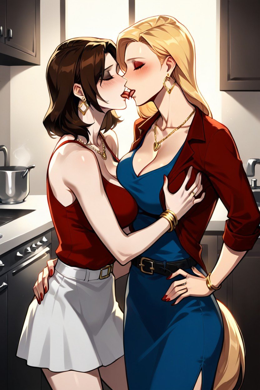 Kissing In The Kitchen A Blonde And A Brunette-, Wedding Band, Jane Is Groping Amys BreastsPorno AI