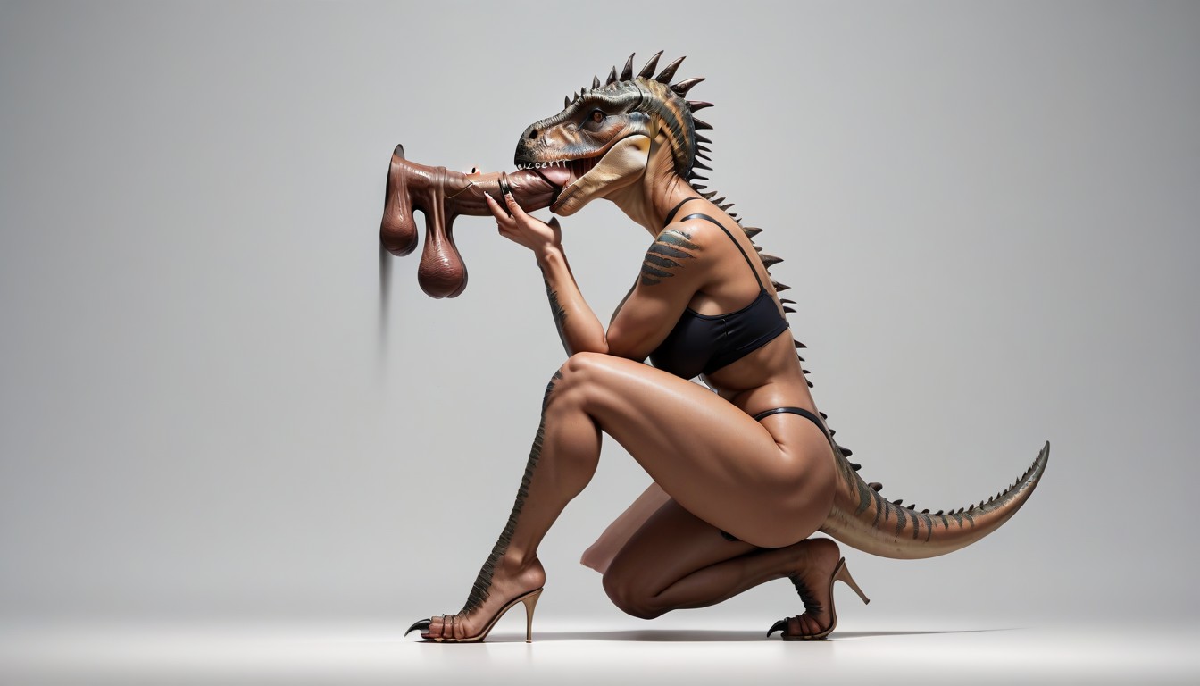 Full Body, Side View, Girl Blowjob Dinosaur Dick Furry AI Porn