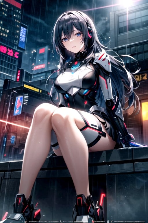 Robot Armor, Sitting Down, Thighs Exposed AI Porn