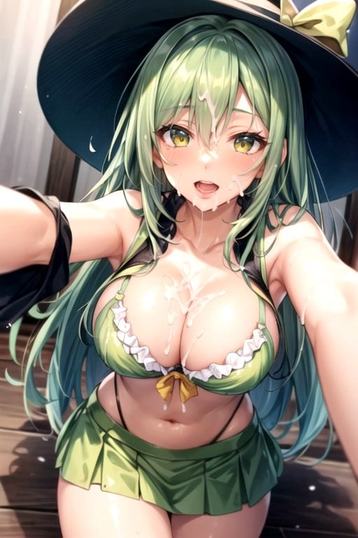 Selfie, Light Green Hair, Green Miniskirt AI Porn