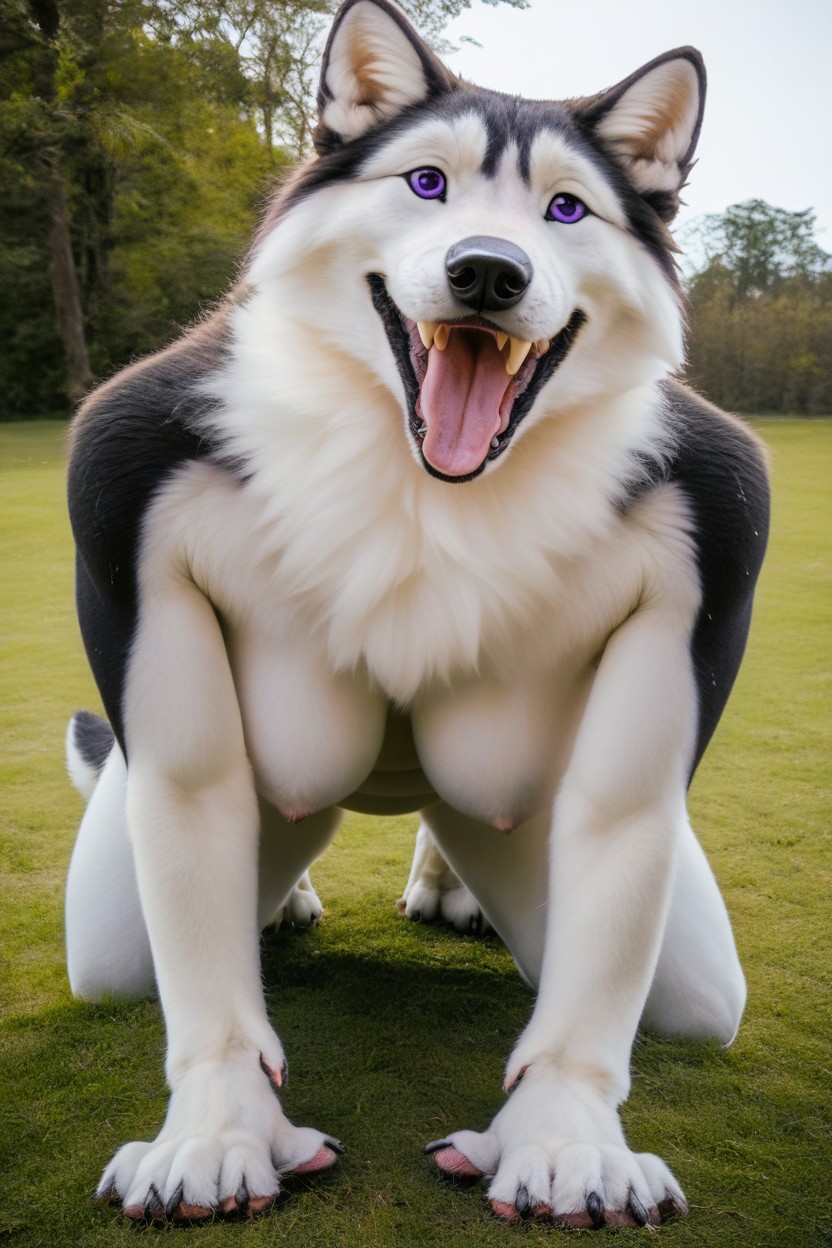 Anthro Female Husky With Black Fur Mixed With White And Pink, Best On-all-fours Husky Position, Black Primary Furry AI Porn