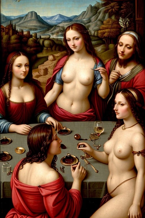 In The Style Of Leonardo Da Vinci, Drinking Wine In Crystal Glasses, K AI Porn